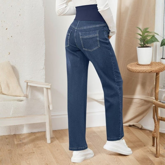 Women's maternity jeans straight leg pants relaxed fit pregnancy denim in navy, back view