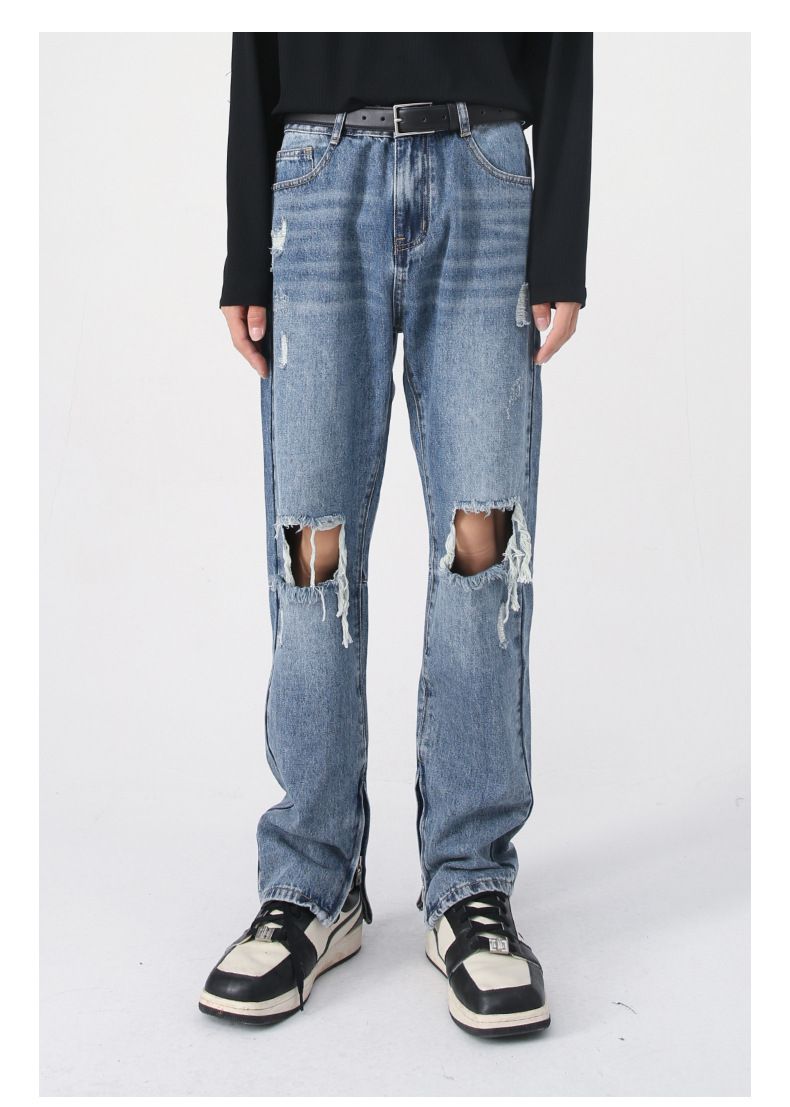 Y2K Distressed Straight Leg Ripped Jeans for Men Hip Hop Streetwear Denim
