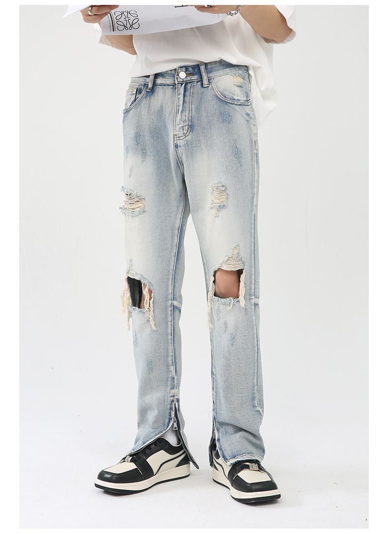 Y2K Distressed Straight Leg Ripped Jeans for Men Hip Hop Streetwear Denim