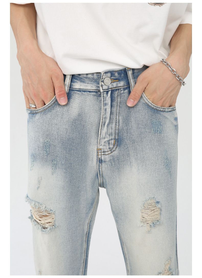 Y2K Distressed Straight Leg Ripped Jeans for Men Hip Hop Streetwear Denim