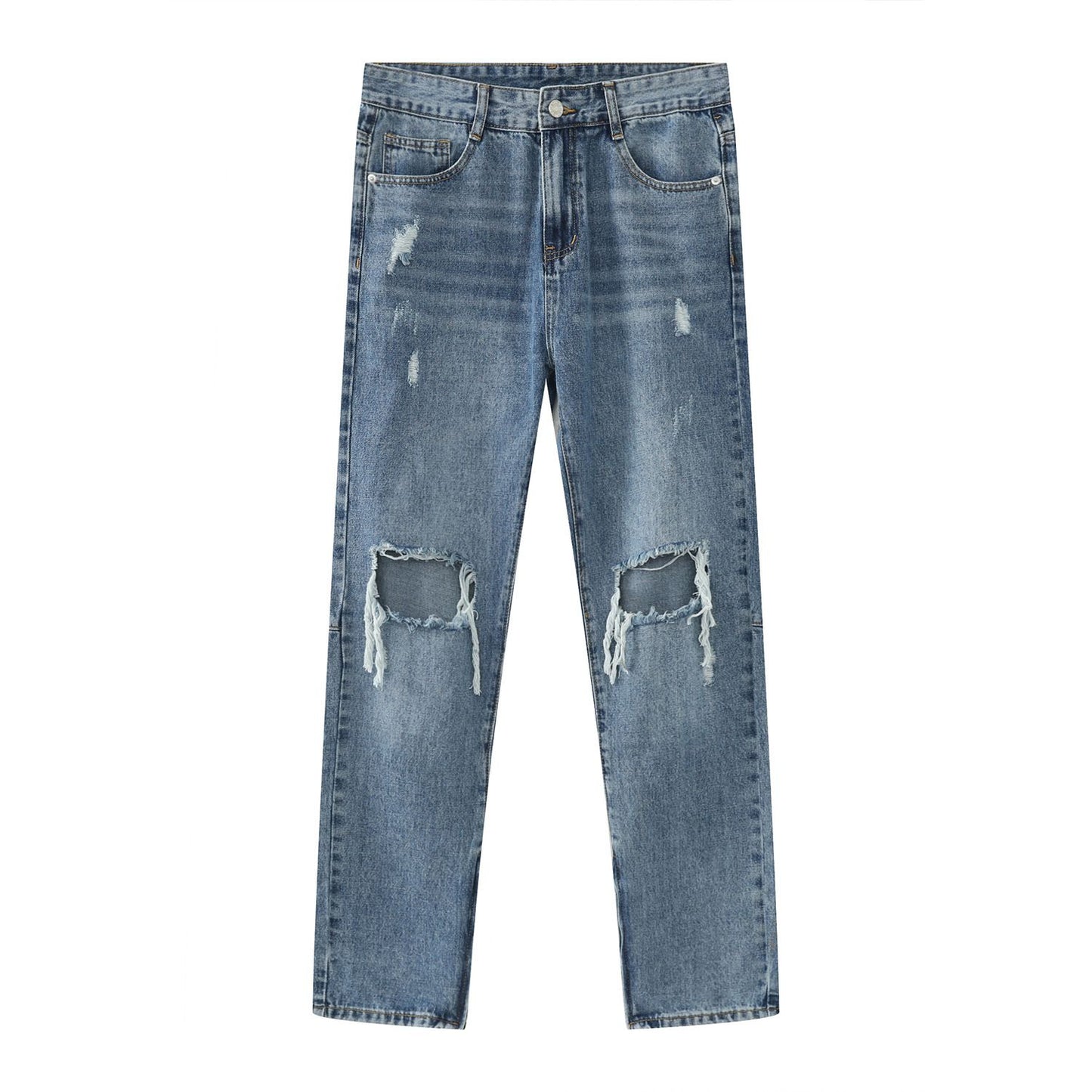 Y2K Distressed Straight Leg Ripped Jeans for Men Hip Hop Streetwear Denim