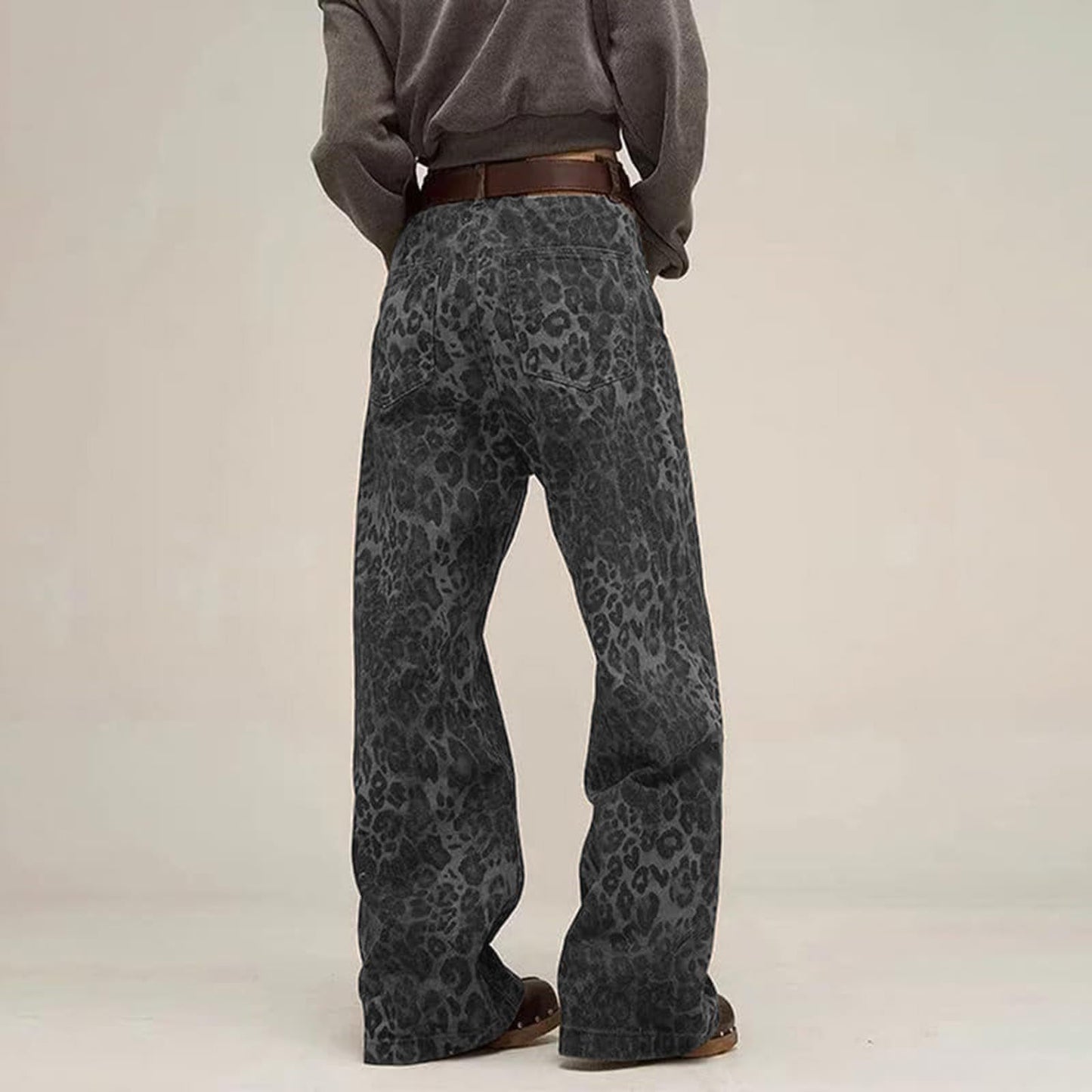 Y2K Leopard Jeans Wide Leg Denim Pants Women Hip Hop Baggy Jeans Trousers grey color back view