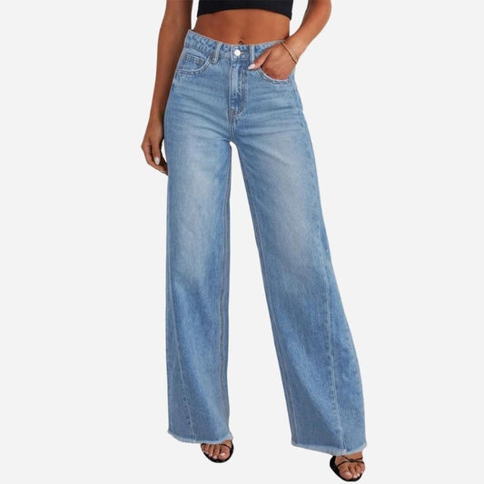 Women's Wide Leg Jeans High Waisted Strech Raw Hem Denim Pants