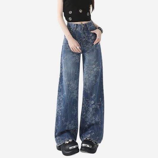 Women’s Vintage Floral Print High Waisted Wide Leg Jeans Straight Denim Pants