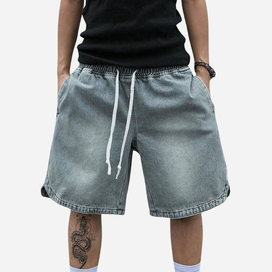 Men's Denim Shorts Baggy Jean Elastic Drawstring Pants Jorts Streetwear