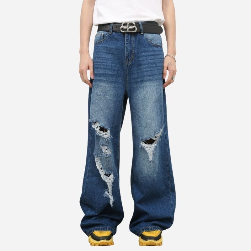 Men's Baggy Jeans Loose Fit Ripped Distressed Straight Leg Denim Pants