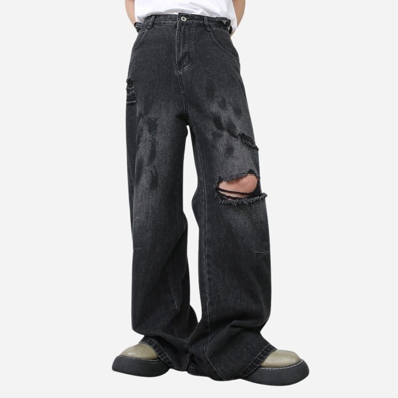 Men's Ripped Jeans Relaxed Fit Straight Leg Y2K Denim Pants Hip Hop Trousers