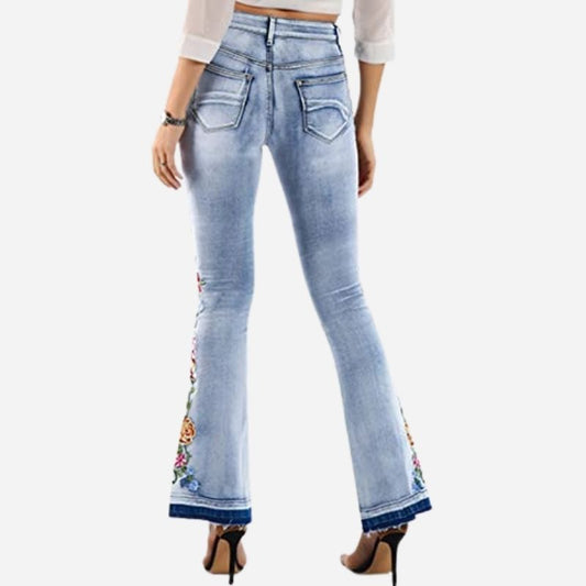 Women's retro floral embroidered flare jeans, back view