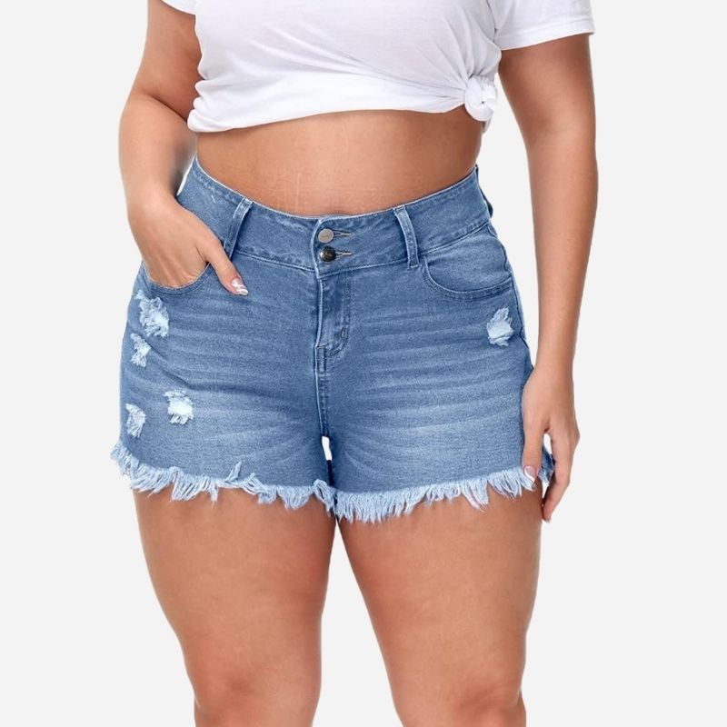 Women Plus Size Jean Shorts High Waisted Frayed Raw Hem Denim Pants