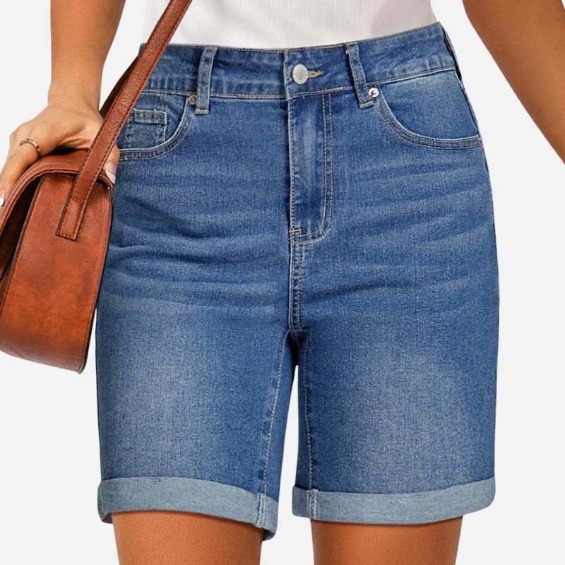 Jean Shorts Women High Waisted Summer Fold Hem Stretchy Denim Shorts