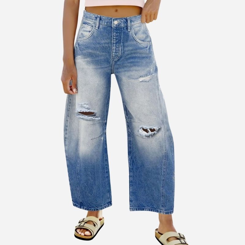 Women's Ripped Barrel Jeans Boyfriend Mid Rise Wide Leg Denim Pants