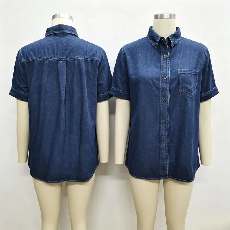 women oversized denim shirt short sleeve jean top in dark blue, front and back views