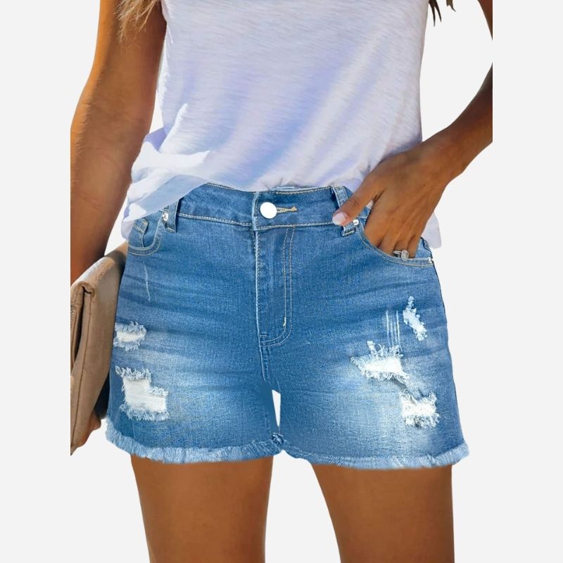 Women's Mid-High Waisted Ripped Denim Jean Shorts Summer Short Pants