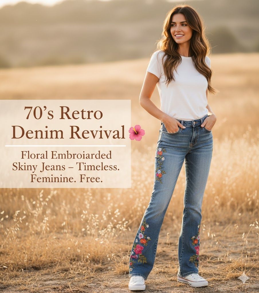 Floral Embroidered Skinny Jeans 70's Retro Women's Low Rise Slim Fit Stretch Denim