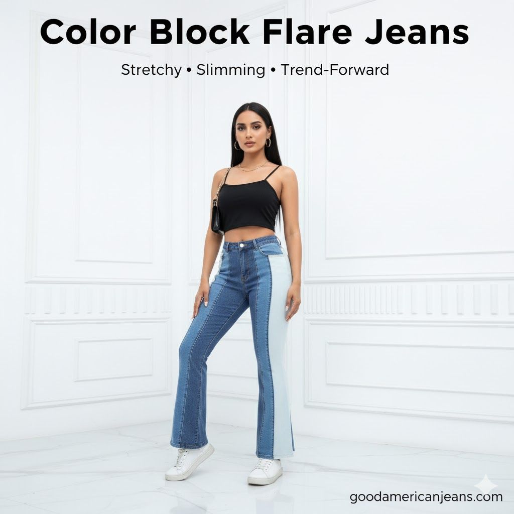 Stretchy High Waist Color Block Flare Jeans for Women – The Perfect Blend of Style, Comfort & Modern Denim Design