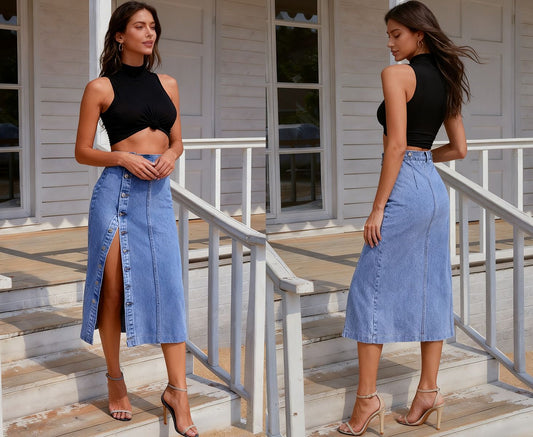 The Button Front Split Denim Midi Skirt: A Modern Classic for Effortless Chic