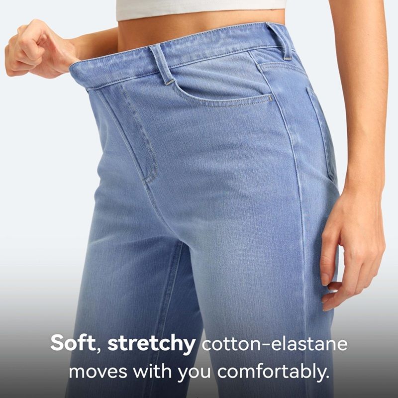 Straight Leg Jeans for Women Stretchy Pull on Sweatpant Tummy Control Denim