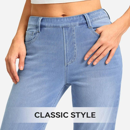 Straight Leg Jeans for Women Stretchy Pull on Sweatpant Tummy Control Denim