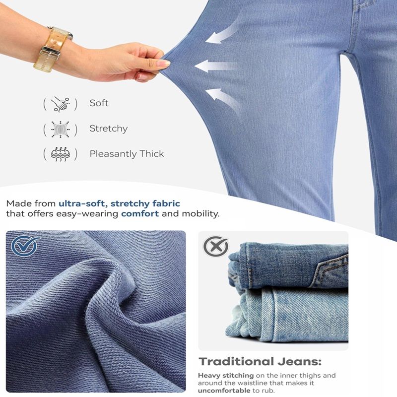 Straight Leg Jeans for Women Stretchy Pull on Sweatpant Tummy Control Denim