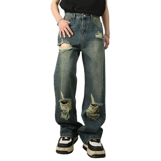 Baggy Jeans for Men Ripped Straight Leg Pants Y2K Distressed Denim Streetwear