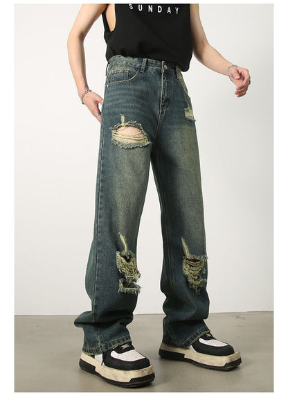 Baggy Jeans for Men Ripped Straight Leg Pants Y2K Distressed Denim Streetwear