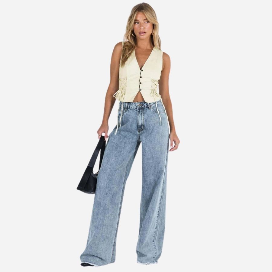 Baggy jeans for women wide leg straight trousers floor length palazzo denim in blue, front view