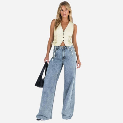 Baggy jeans for women wide leg straight trousers floor length palazzo denim in blue, front view