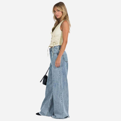 Baggy jeans for women wide leg straight trousers floor length palazzo denim in blue, side view