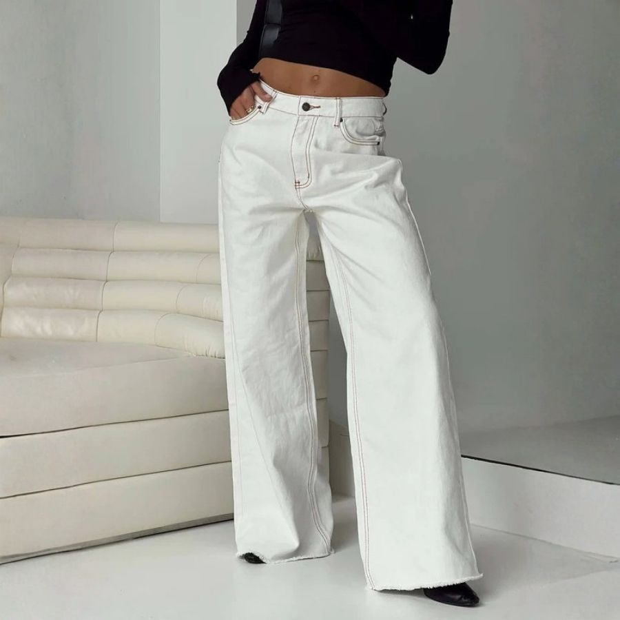 Baggy jeans for women wide leg straight trousers floor length palazzo denim in white, front view