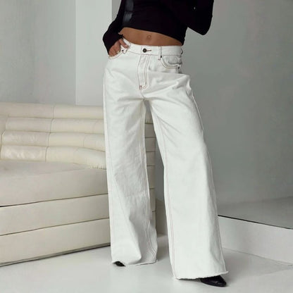 Baggy jeans for women wide leg straight trousers floor length palazzo denim in white, front view
