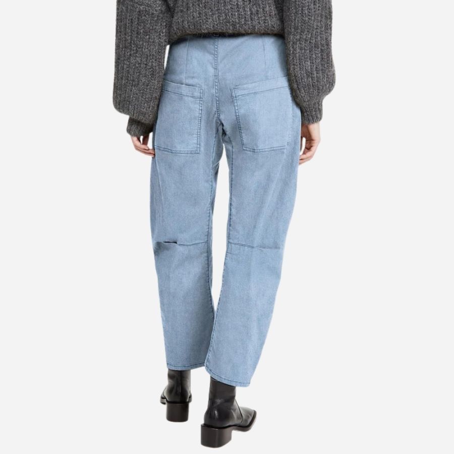 Barrel jeans for women high waisted wide leg baggy denim in blue, back view