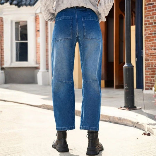 Barrel jeans for women high waisted wide leg baggy denim trousers in navy, back view