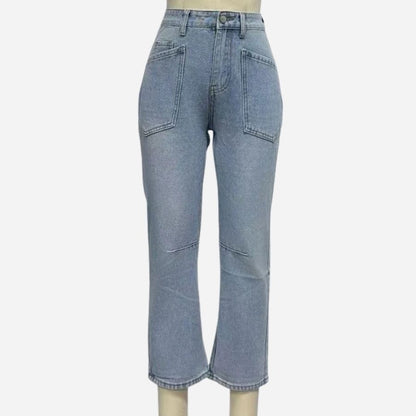 Barrel jeans for women high waisted wide leg baggy denim in blue, front view