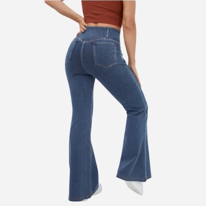 Bell bottom jeans women high waisted flare leggings sweatpants in blue, back view