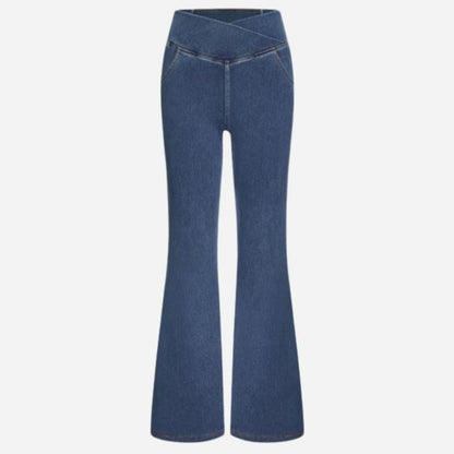 Bell bottom jeans women high waisted flare leggings sweatpants in blue, flat lay front view