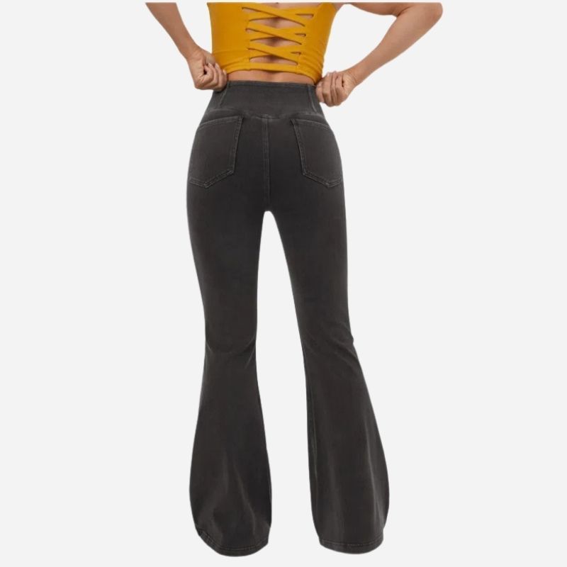 Bell bottom jeans women high waisted flare leggings sweatpants in black, back view