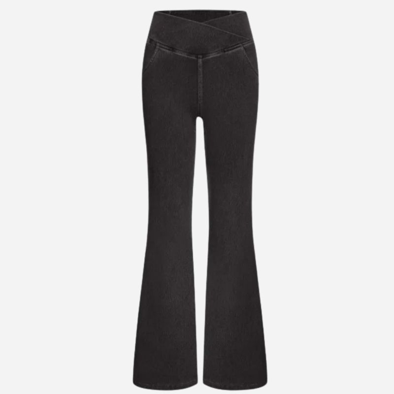 Bell bottom jeans women high waisted flare leggings sweatpants in black, flat lay front view