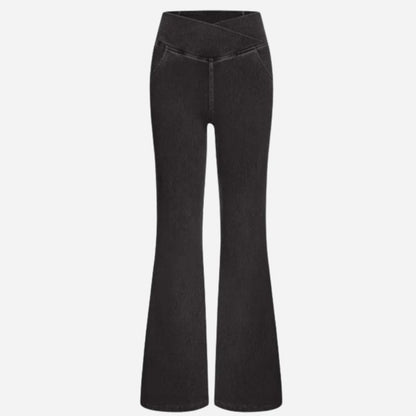 Bell bottom jeans women high waisted flare leggings sweatpants in black, flat lay front view