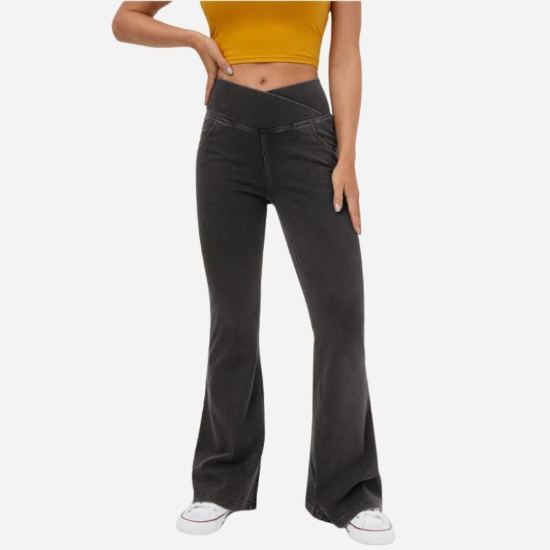 Bell bottom jeans women high waisted leggings sweatpants in black, front view