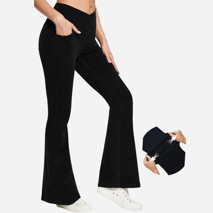 Bell bottom jeans women high waisted flare leggings sweatpants in black, side view