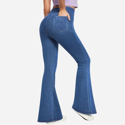 Bell bottom jeans women high waisted flare jeans leggings sweatpants in blue, back view