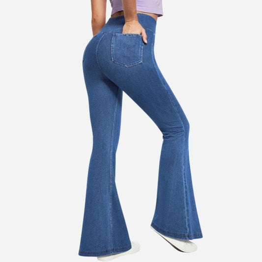 Bell bottom jeans women high waisted flare jeans leggings sweatpants in blue, back view