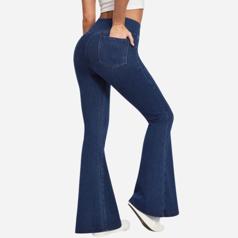 Bell bottom jeans women high waisted flare leggings sweatpants in navy, back view