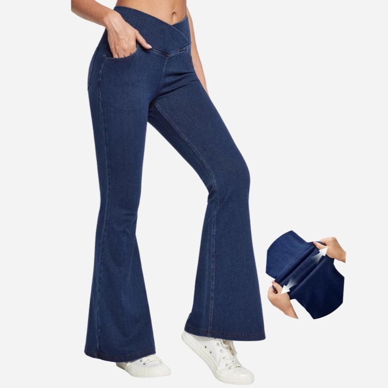 Bell bottom jeans women high waisted flare leggings sweatpants in navy, side view