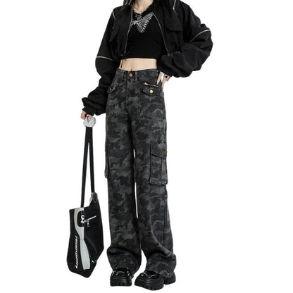 Camouflage Jeans Cargo Pants Women Y2K High Waisted Baggy Wide Leg Trousers