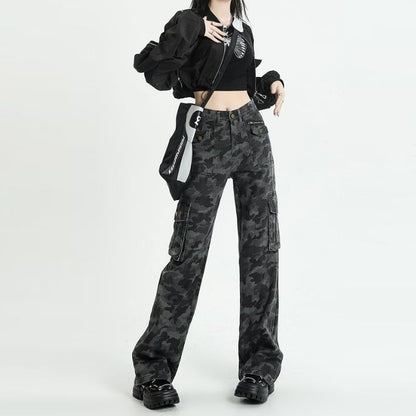 Camouflage Jeans Cargo Pants Women Y2K High Waisted Baggy Wide Leg Trousers