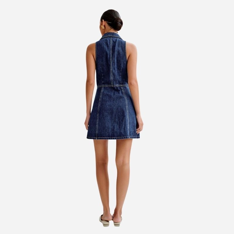 Denim halter mini dress women y2k sleeveless button down jean dress, back view