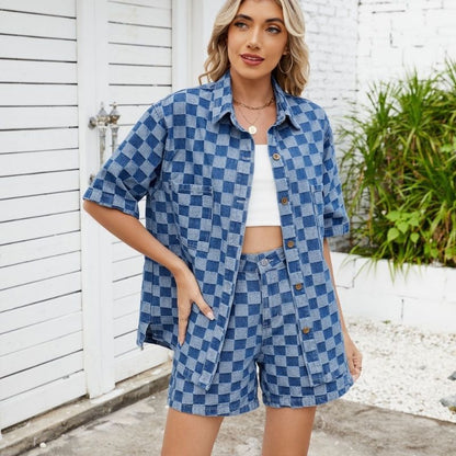 Denim shirt and shorts set women checkerboard two piece outfit, front view
