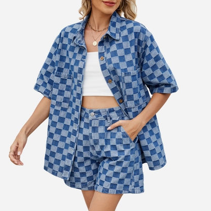 Denim shirt and shorts set women button up two piece outfit