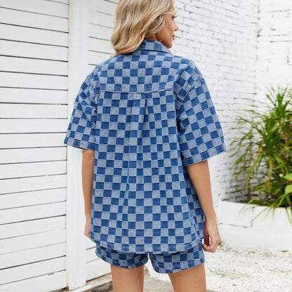 Denim shirt and shorts set women checkerboard button up two piece outfit, back view
